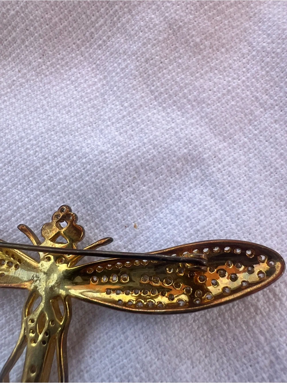 Vintage Art Deco Gold Dragonfly Brooch with Pearl Crystal and Green Accents